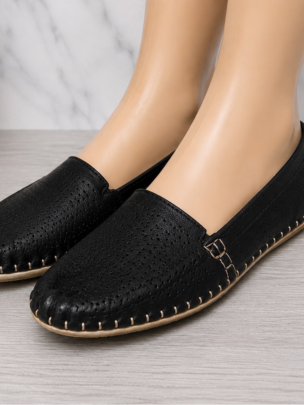 Adam Tucker by Me Too black leather perforated slip ons